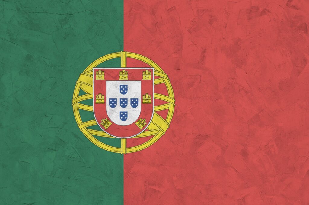 Portugal flag depicted in bright paint colors on old relief plastering wall close up